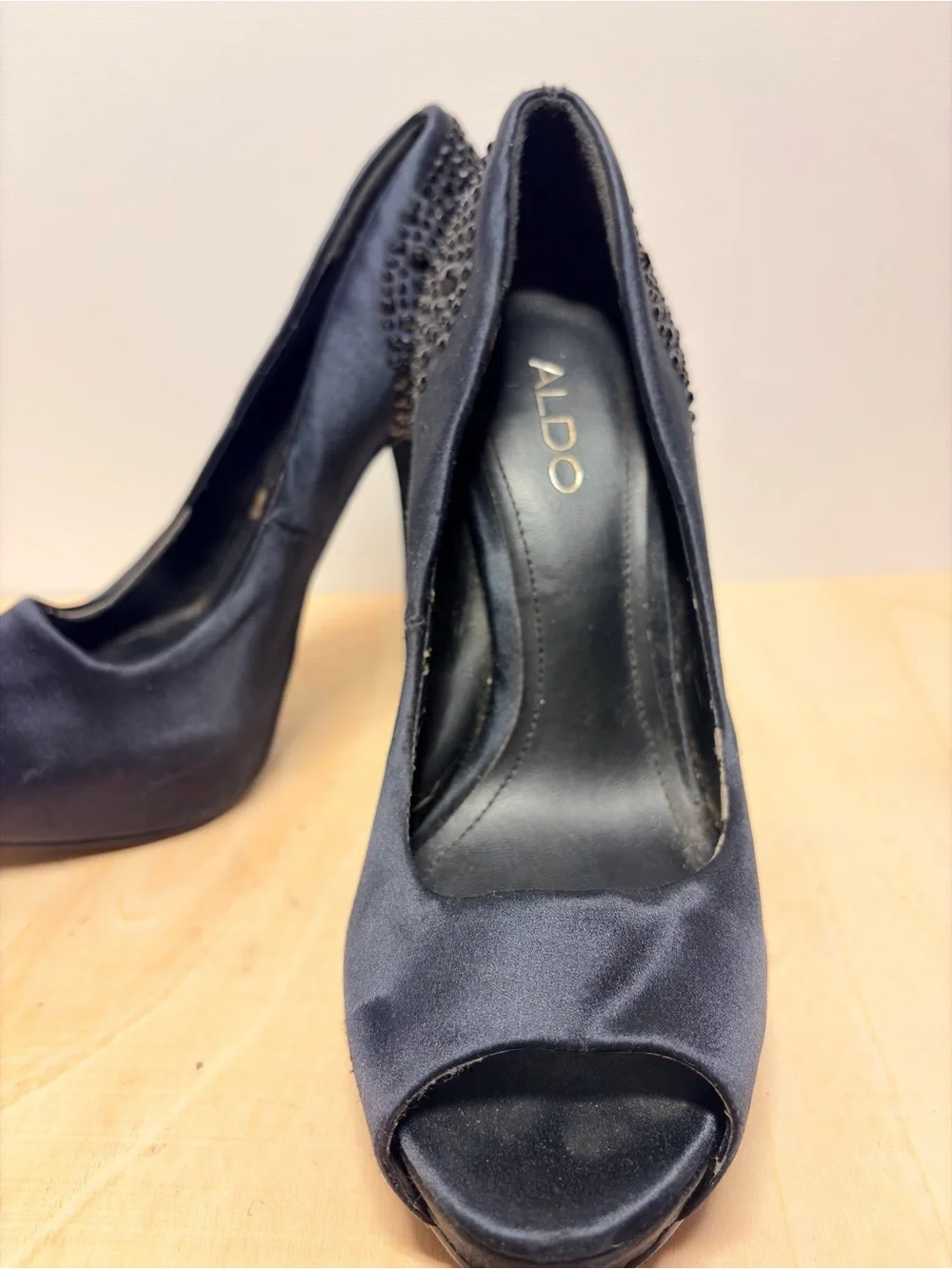 Black Crystal-Accented Peep-Toe Stiletto Heels